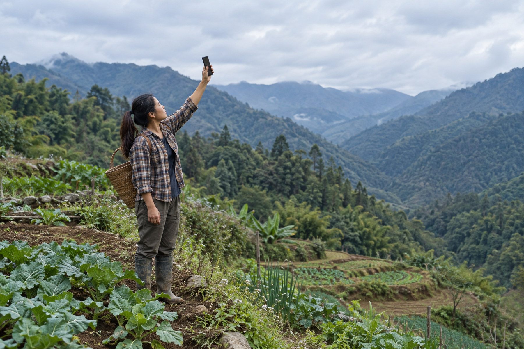 A farmer holding up a phone for signal on a hillside farm.