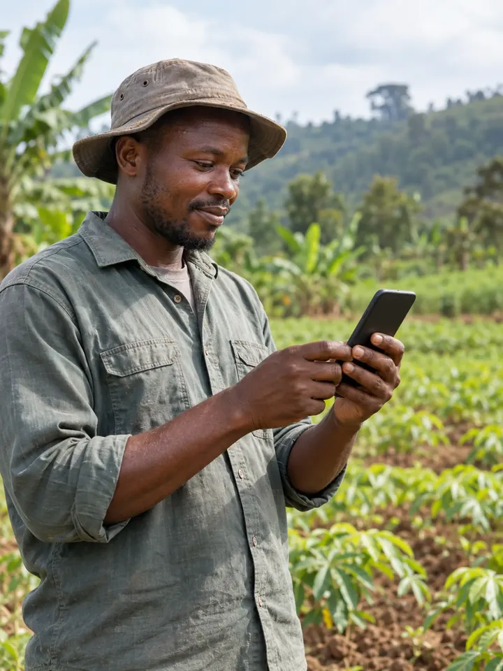 A farmer standing in the field and using a smartphone